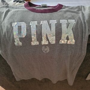 PINK Victoria's Secret Gray Ringer Tee with Maroon Trim and Sequin Logo